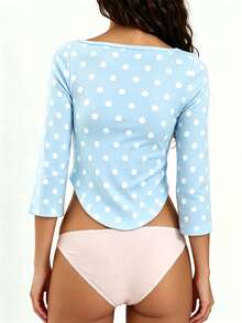 Women Summer Bell 3/4 Sleeve Crop Top Boat Neck Solid Color Slim Fit Basic T Shirts Y2K Party Top For Spring Fall - 藍白色 - 查看 2