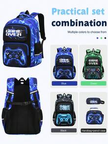 3-Piece Game Controller Print Cool Pattern Backpack Set, Dual Zipper Closure, Multi-Pocket Design, Laptop Compartment, Suitable For Daily Multi-Scenario Use, Multi-Color Optional Set Combination - A - View 8