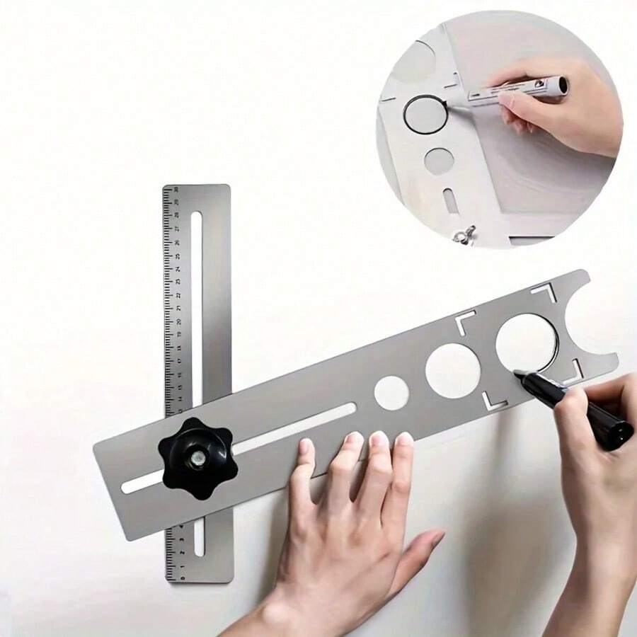 1 pieza Regla universal multifunción de acero inoxidable 304, herramienta de posicionamiento de perforación de precisión, localizador de azulejos y mármol, adecuada para herramienta universal de medición y marcado de azulejos de pared y piso, regla de ángulo de grado industrial - A - Ver 1