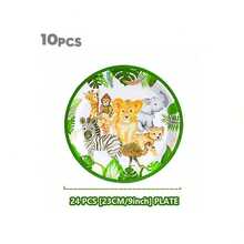 24件組叢林動物紙盤與餐巾紙派對用品，卡通動物印花野性派對用品，一次性餐巾紙與紙盤，可供24位賓客使用，狩獵主題生日用品，叢林盤，適合狩獵盤禮物派對餐具 - 彩色 - 查看 11