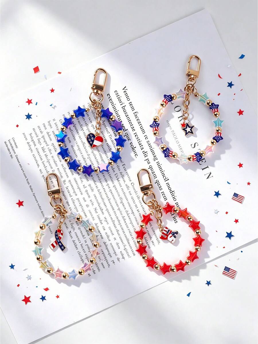 Pulseira Patriótica com Contas, Cordão de Telefone e Pingente de Bolsa com Contas Acrílicas em Estrela Vermelha, Branca e Azul, Pingente de Coração com Bandeira Americana, Dia da Independência - 2864 - Visão 1
