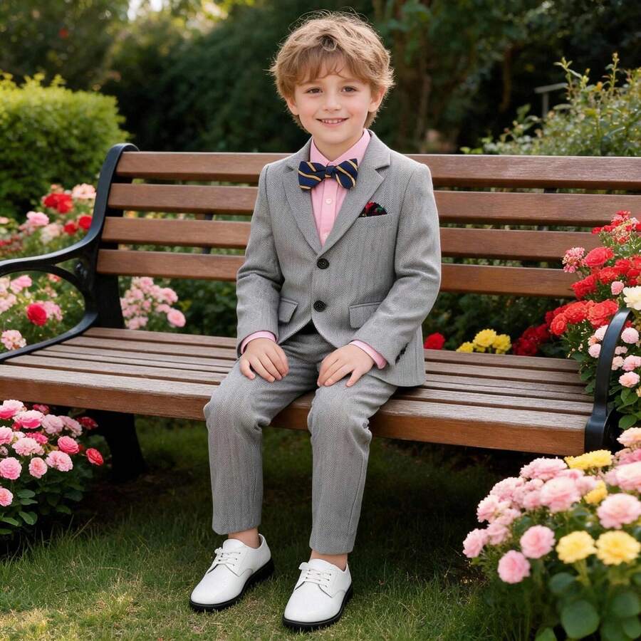 3pcs Kids Suit Set, Includes Jacket, Pants And Bow Tie, Gentleman Style, Suitable For Spring/Autumn, Birthday, Wedding - Grey - View 1