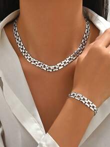 2 Stücke/Set modisches minimalistisches Metall-Uhrenketten-Set, elegante Einzelhalskette & Armband-Kombination, modischer Damen-Hand- & Hals-Schmuck, geeignet für den täglichen Gebrauch und Partys, auch als Geschenk für Freunde und Familie - Silber - Übersicht 1