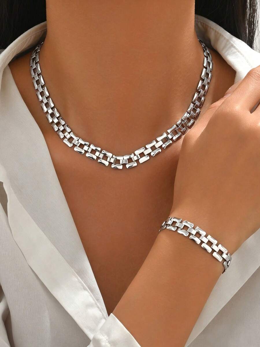 2 Stücke/Set modisches minimalistisches Metall-Uhrenketten-Set, elegante Einzelhalskette & Armband-Kombination, modischer Damen-Hand- & Hals-Schmuck, geeignet für den täglichen Gebrauch und Partys, auch als Geschenk für Freunde und Familie - Silber - Übersicht 1