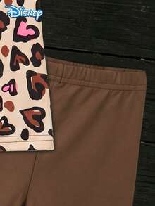 Conjunto de camiseta de manga corta y pantalones cortos para niña Disney Baby de verano con estampado de leopardo y corazón de Minnie, conjunto lindo, pantalones cortos de cintura elástica de color marrón café sólido para vacaciones casuales, ropa para exteriores - Café integral - Ver 7