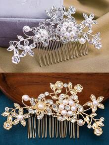 1 Set (2pcs) Silver & Gold Elegant Lady Princess Bridal Hair Comb Bun Set, Fashion Exquisite Pearl Plum Blossom Design - 064 Hair Combs In Gold and Silver Set - View 8