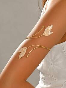 1pc Casual Minimalist Gold Leaf Oil-Drip Metal Arm Cuff, Niche Design Adjustable Open Cuff Bracelet Body Chain For Women, Party, Prom, Holiday, Gift For Best Friend - Meat Powder - View 6