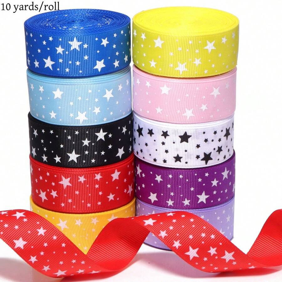 1 Roll 2.5cm Polyester Pentagram Ribbed Webbing, Handmade DIY Hair Accessories Gift Packaging, Star Print Ribbon, Clothing Accessories Decoration, Home Christmas, Halloween, Wedding, Birthday Party Decor