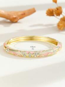 1pc Fashion New Gold-Plated Exquisite Rhinestone Swirl Enamel Filigree Hinged Open Bangle Bracelet, Jewelry Gift For Girls And Women - Pink - View 5