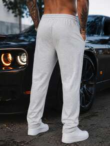 Men's Autumn Solid Color Sports Jogger Pants | Slanted Pockets & Elastic Waistband Drawstring Fashion Stitching | Casual Essential Straight Leg Pants - Light Grey - View 2