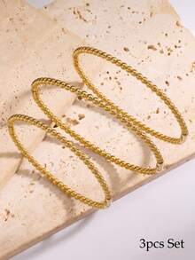 3 piezas de pulseras chapadas en oro de 18K con cuentas, diseño de cuentas redondas de 3mm de ancho, acero inoxidable 304 hipoalergénico que no se desvanece, brazaletes versátiles de estilo Ins para mujeres - gs3 - Ver 9