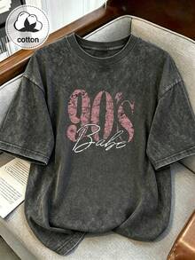 90s Retro Print Women's T-Shirt - Casual Short Sleeve Crew Neck Washed Top, Suitable For All Seasons Black Summer - Black - View 11