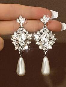 1 Pair Luxury Faux Pearl & Rhinestone Large Drop Earrings For Women, Suitable For Wedding, Banquet, Anniversary Wear - Silver - View 4