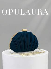 OpulAura 女款優雅/靜奢風百褶緞面方盒手拿包，浪漫婚禮晚宴包，迷人/精緻正式禮服包，極簡杏色方盒手拿包附鏈條，適合作為節日禮物 - 藏蓝色 - 查看 2