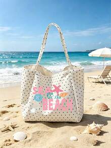 1/2pcs Polka Dots Tote Bag & Makeup Bag, Printed Beach Pattern, Suitable For Vacations, Commuting, Shopping, Gift For Family & Friends. - Multicolor - View 7