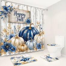 1pc/4pcs Blue White Gold Pumpkin Flower Pattern Multi-Function Bathroom Decor Shower Curtain Set, Free 12 Hooks, Premium Holiday Atmosphere, Bathroom Mat, U-Shaped Rug And Round Toilet Lid Cover, Suitable For All Scenes, Bathroom Set - Pumpkin Flowers - View 7