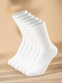 5/10 Pairs Men's White Solid Color Mid-Calf Socks, Soft, Versatile, Breathable, Moisture-Wicking, Suitable For Daily Wear, Sports, All Seasons - White - View 1