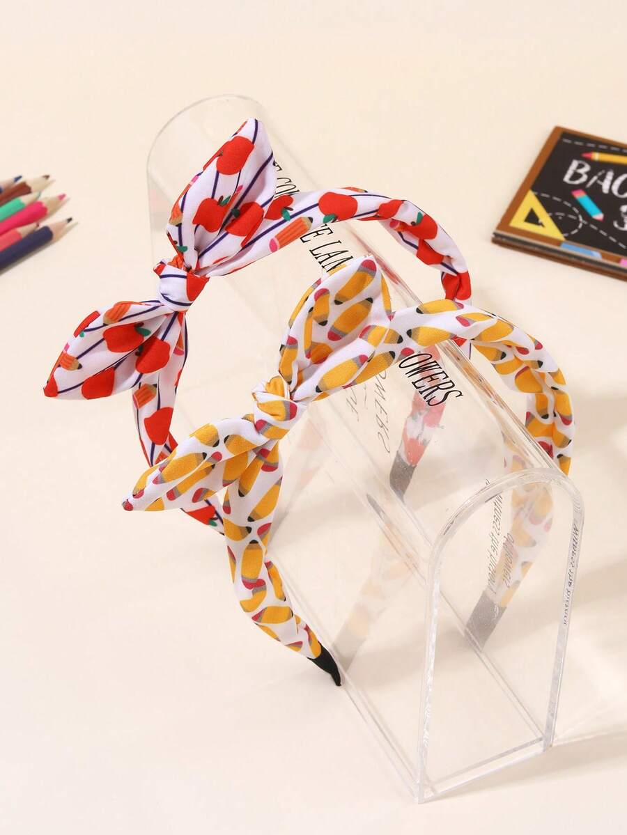 2pcs Back To School Bow Headbands,Yellow Red Apple Pencil Hairbands,Cute Y2k Hair Accessories For Kids Student First Day Of School Gift Party Daily - Multicolor - View 1