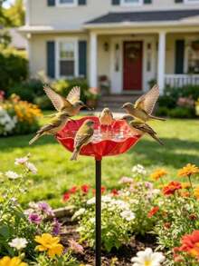 Flower Bird Feeder Metal Garden Stake Bird Bath Outdoor Yard Decor Wild Bird Feeding Station Weather-Resistant Easy Installation Red Flower Ornament - Multicolor - View 4