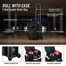 Dual Ball Rolling Carrier 31x12x17in For Bowling Alley Tournament Practice, Padded Compartment Shoe Pocket Retractable Handle Heavy Duty Wheels 600D Fabric 2-Ball Capacity Accessory Storage Adjustable Pull Bar-XY102762 - Multicolor - View 6