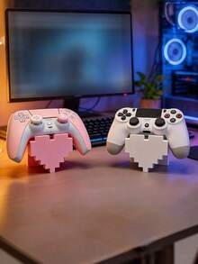 Pixel Heart Game Controller Display Stand, Pink & White Retro Pixel Style Gamepad Holder, Stable Anti-Fall Base, Desktop Decoration Storage Rack, Cute Gaming Room Desktop Decor - Multicolor - View 3
