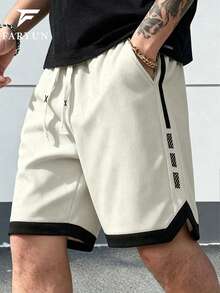Men's Drawstring Waist Side Webbing Contrast Binding American Sports Style Loose Textured Casual Shorts, Daily Fitness Summer Style, Cream White - White - View 1