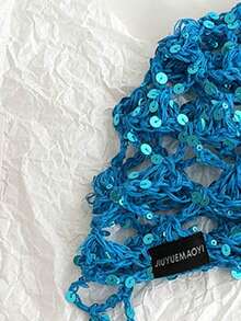 1件波希米亞風手工串珠女款頭巾帽，春夏旅行鏤空繫帶小眾設計帽，鏤空亮片鉤編女款頭巾帽，夏季薄款透氣顯臉小針織帽，時尚百搭套頭帽 - 掛繩黑標亮片 - 查看 10