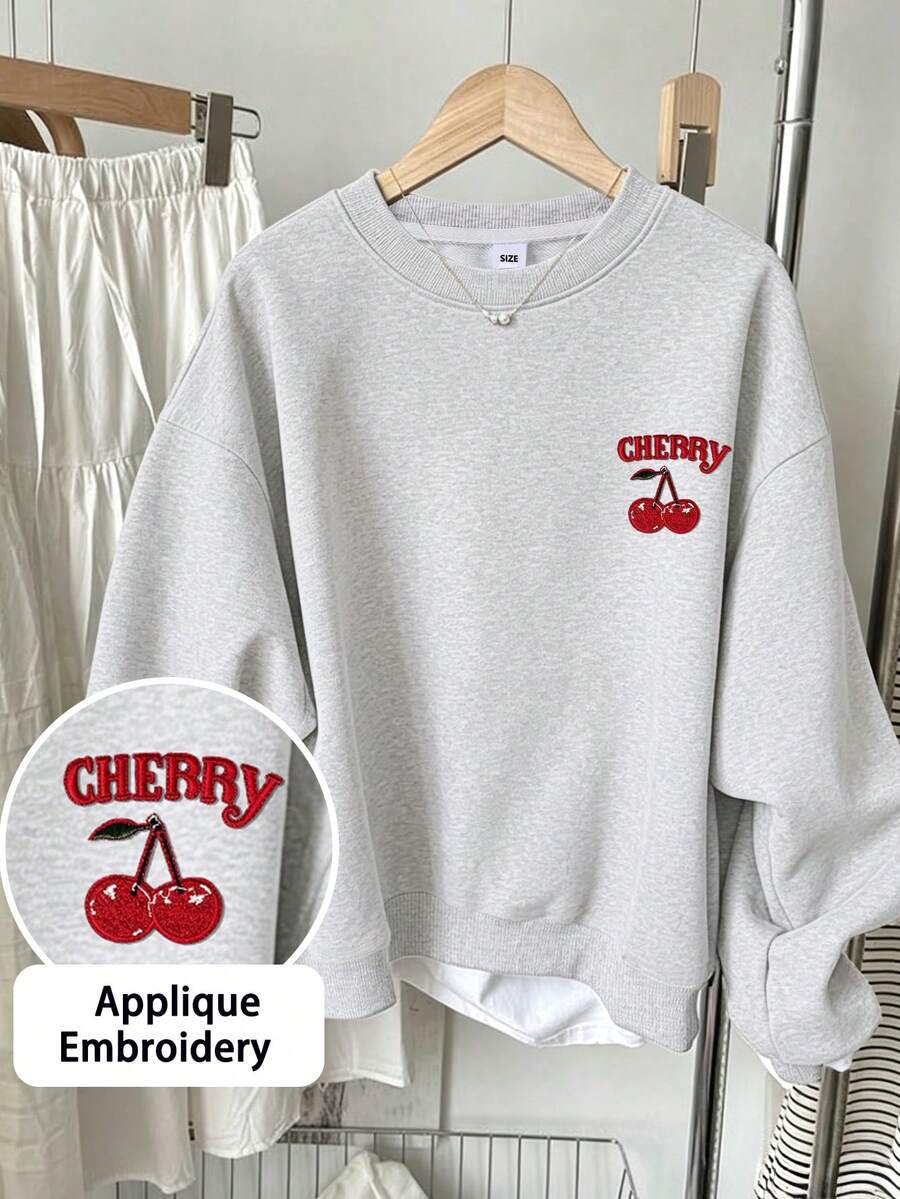 Sweet Girl Round Neck Sweatshirt, Cherry Fruit Letter Patch Embroidery Soft Autumn/Winter Campus Top - Light Grey - View 1