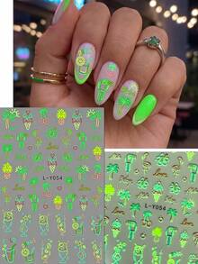 4 Peças Adesivos de Arte de Unhas Estilo Neon Y2K, com Padrões Vibrantes de Chama, Raio e Frutas Tropicais, Suprimentos Profissionais para Artista de Unhas, Adequado para Festivais de Música, Festas de Praia de Verão e Looks de Unhas da Moda Diária - Multicolorido - Visão 5