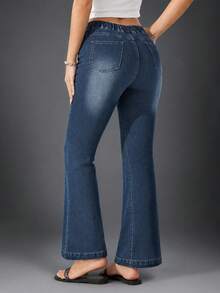 New Women's Elastic Waist Fashion Straight Leg Jeans Casual - Navy Blue - View 2