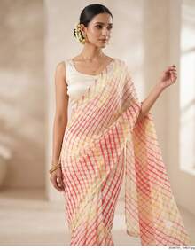 Estationeryhouse Chiffon Saree With Coloured Stripes With Unstitched Blouse - Red - View 2
