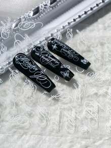 1pc Luxury Vintage Cursive English Nail Art Sticker, Featuring Cursive English Phrases And Minimalist Line Butterfly Decorative Elements, Suitable For Mature Commute, French Date, Evening Party, Wedding Dress Styling, Aesthetic Outfits, Etc., DIY Use For Career Women, Nail Art Enthusiasts, Press-On Nail Shop Owners, Wedding Nail Artists Nail Stickers - White - View 6