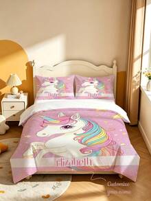 2/3pcs Pink Cartoon Rainbow Unicorn Print Duvet Cover Set, Sweet Girl Style Polyester Fabric Bedding Set, Customizable Personalized Name Print, Suitable For Girls Bedroom Daily Use, Birthday Christmas All Season Decoration - Multicolor - View 1