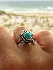 1 PC Retro Turtle Ring With Teardrop Shaped Rhinestone Bohemian Style Ring Suitable For Daily Wear - Mint Blue - View 6