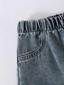 Girls' Vintage Distressed Denim Jeans With Bow Print, Elastic Waist Wide Leg Long Pants, Casual Everyday Fashion Outfit - Light Wash - View 6