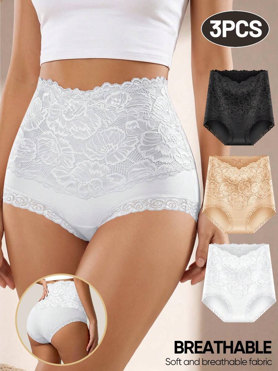 MIOTAN 3pcs/Pack Women's High Waist Panties Triangle Briefs Lace Patchwork Jacquard Pattern Tummy Control Bodycon Soft Breathable