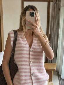 French Ins Style Striped Knit Vest, V-Neck Knit Cardigan With Rhinestone Buttons, Design-Forward, Suitable For Daily Commute, Casual, Holiday And Outing Wear - Pink - View 2
