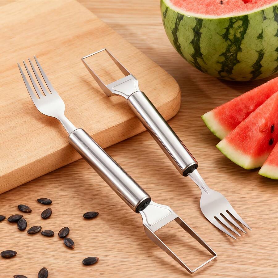 1/2件裝西瓜切片工具 西瓜叉 雙頭家用廚房餐具 家庭西瓜食用叉 雙用途廚房工具 西瓜專用裝置 不鏽鋼防鏽多功能