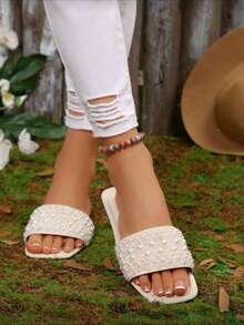 Gentle Pearl Rhinestone Square Toe Slide Sandals For Women, Summer Vacation Beach Outdoor Flat Slippers - Beige - View 2