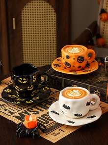 1pc Halloween Ceramic Mug, Pattern Includes Bats, Spiders, Little Ghosts And Pumpkins, Asymmetrical Rim Spooky Coffee Cup, Suitable For Halloween Parties And Gatherings, Cold And Hot Drinks Compatible, Applicable For Office And Bedroom, Great Gift - Multicolor - View 5