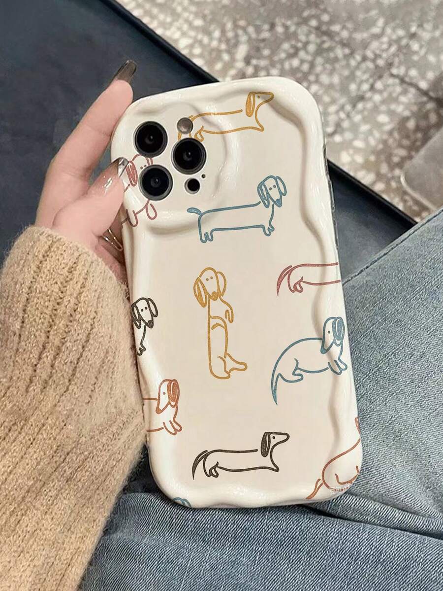 Cartoon Puppy Painted Cream Wavy Edge Beige Fashion Minimalist Thick Anti-Drop Phone Case Suitable For Ip 17/Ip 17pro/Iphone15PRO M AX/Iphone16/Iphone16pro/Iphone16promax/IPhone16plus/Iphone15 XR /7/8 Iphone15Promax/12PROMAX/13PROMAX/14PROMAX 13 14 11 12p14 Phone Case - Multicolor - View 1