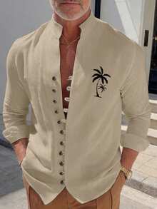 GOLDREDY Luxury Resort Style Stand Collar Long Sleeve Shirt For Men, Solid Color Textured Fabric With Coconut Tree Embroidery, Loose Fit - Khaki - View 6