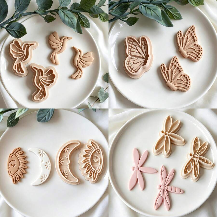 Sun & Moon, Butterfly, Dragonfly, Bird Shaped Clay Cutter Set, Polymer Clay Jewelry Making, Soft Clay Earring Molds, For Earrings, Brooches, Pendants, Pottery Molds, High Precision Soft Clay Cutting Molds - Apricot - View 1
