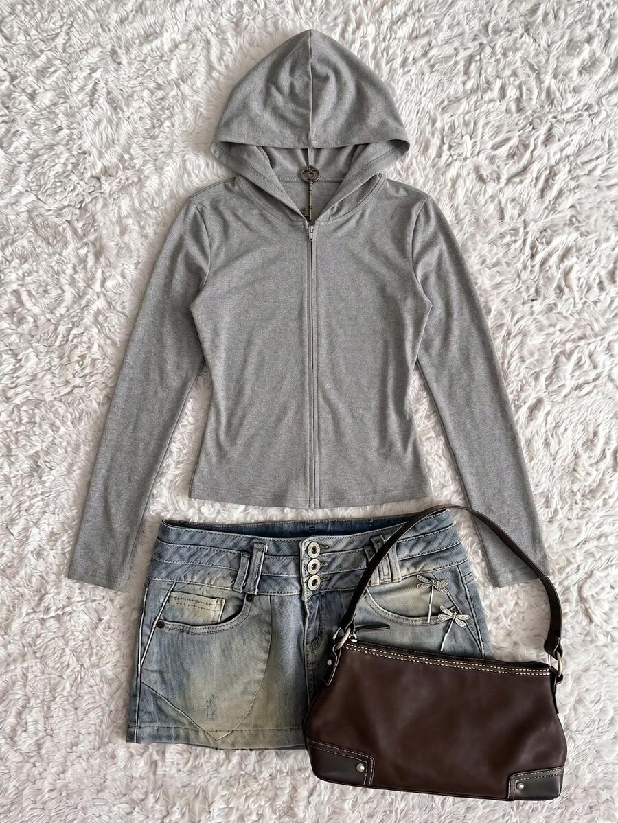 ENGU CO. Back To School Y2K Zip Up Crop Hoodie, Solid Color Long Sleeve Slim Fit Hooded Top - Grey - View 1