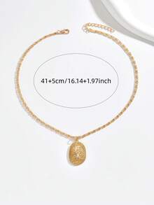 1pc Fashionable Personalized Geometric Engraved Tree Of Life Square Pendant Chain Necklace, Suitable For Women's Daily Commute And Party Wear - Gold - View 3