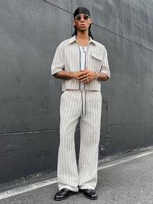 HOMIIE Men's Cropped Striped 2 Pieces Outfit, Cotton Blend Full Zip Shirt & Wide Leg Drawstring Pants, Streetwear For Spring Autumn,Halloween Christmas - Multicolor - View 3
