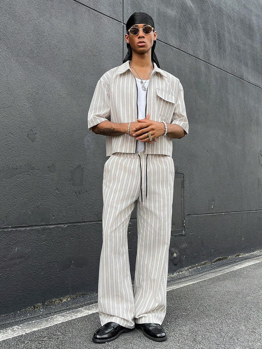 HOMIIE Men's Cropped Striped 2 Pieces Outfit, Cotton Blend Full Zip Shirt & Wide Leg Drawstring Pants, Streetwear For Spring Autumn,Halloween Christmas - Multicolor - View 1
