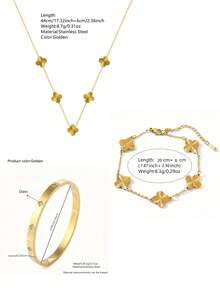 VceTd 3/4 piezas Elegante conjunto de joyería de acero inoxidable con decoración de trébol para mujeres, adecuado para uso diario o como regalo - Amarillo Oro - Ver 12