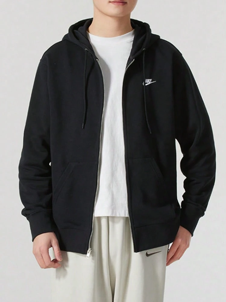 Nike Club 舒適休閒經典簡約拉鍊開襟衫法式長袖連帽夾克外套 男款 - 黑色 - 查看 1