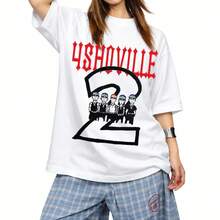 White 4SHOVILLE T-Shirt With Red Gothic Lettering And Cartoon Characters, Loose-Fitting Streetwear, Unisex - 白色 - 查看 1